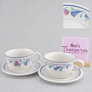 LENOX Chinastone POPPIES ON BLUE Red Blue Floral Coffee Tea Cup Saucers Set 2